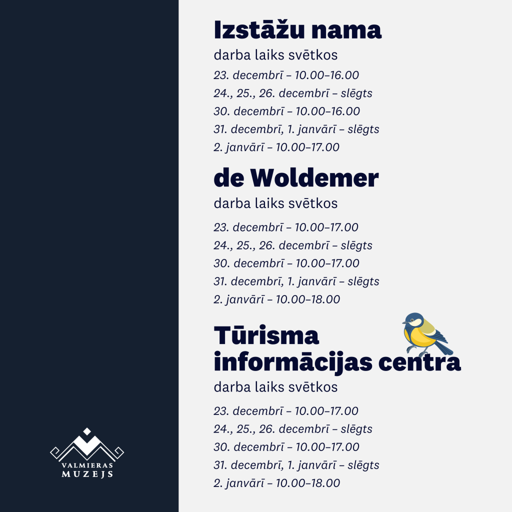 Svētku laikā izmaiņas Valmieras muzeja Izstāžu nama, ekspozīcijas "de Woldemer" un Valmieras Tūrisma informācijas centra darba laikā.