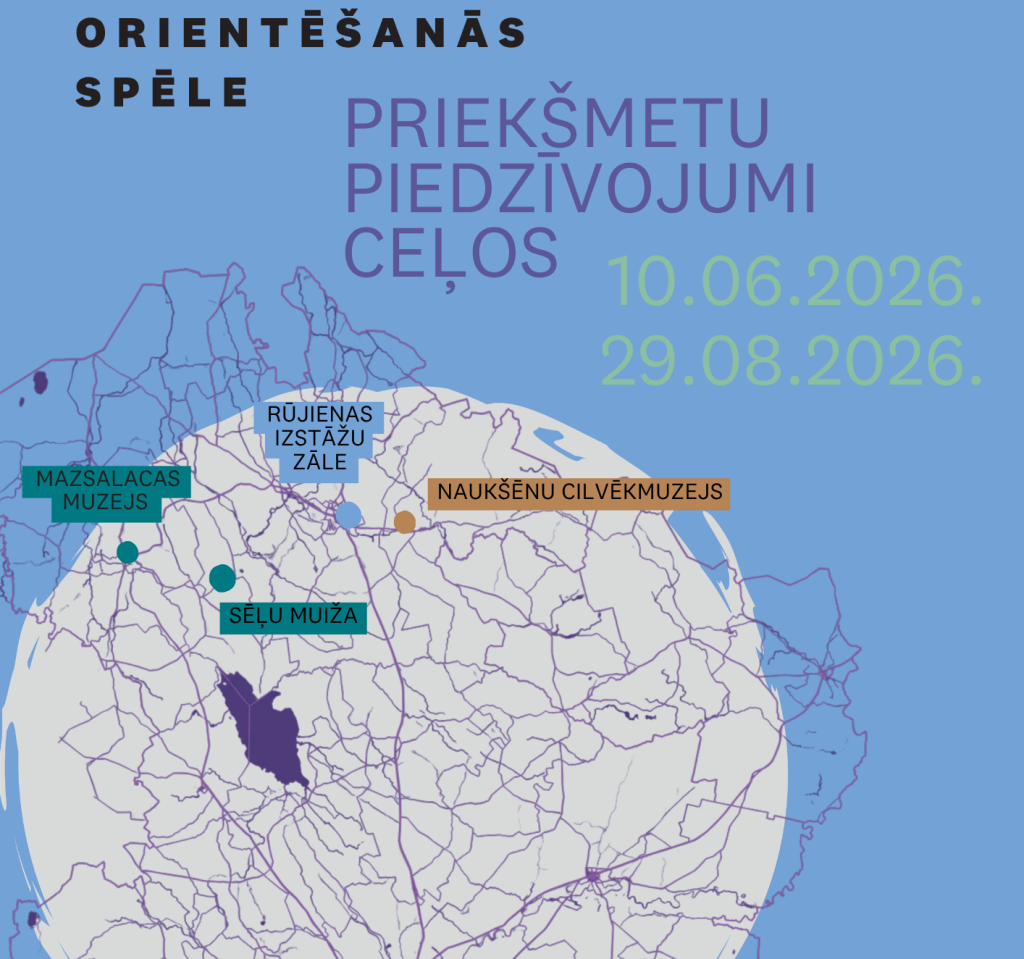 Orientēšanās spēles "Priekšmetu piedzīvojumi ceļos" plakāts.